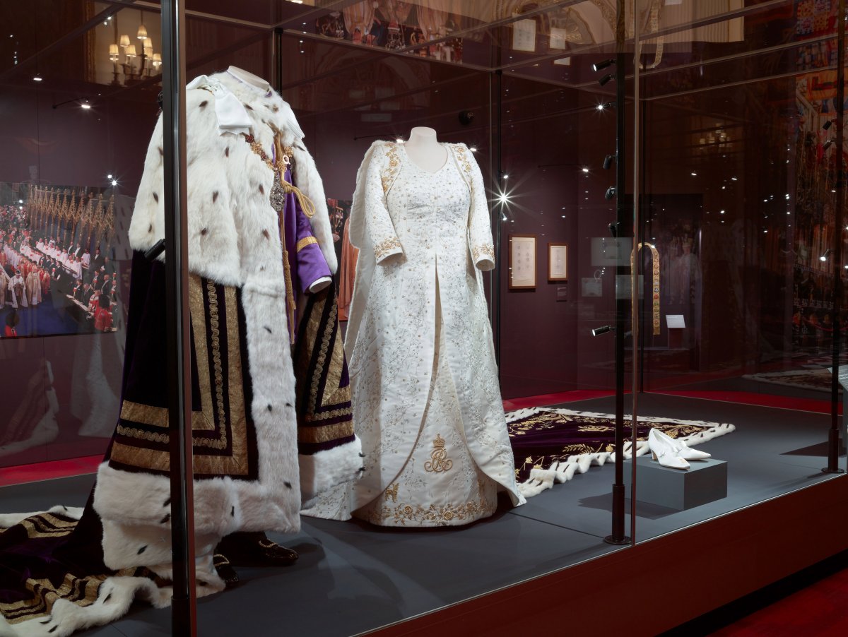 The coronation outfits worn by King Charles III and Queen Camilla are displayed to the public for the first time at Buckingham Palace, July 2023 (Royal Collection Trust)