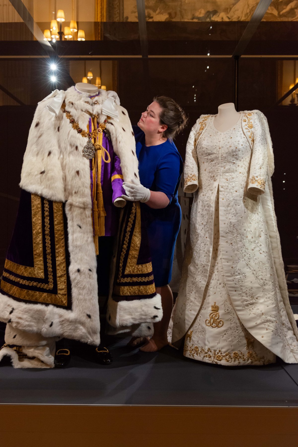 The coronation outfits worn by King Charles III and Queen Camilla are displayed to the public for the first time at Buckingham Palace, July 2023 (Royal Collection Trust)