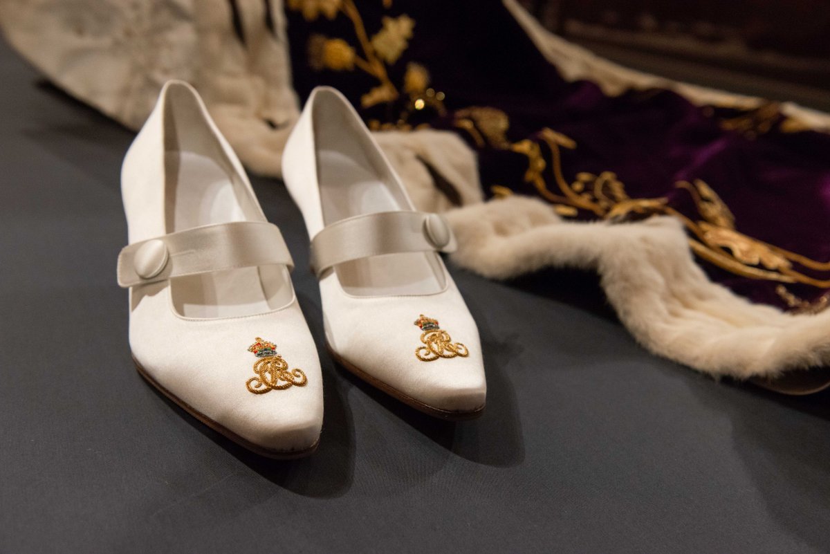 The coronation outfits worn by King Charles III and Queen Camilla are displayed to the public for the first time at Buckingham Palace, July 2023 (Royal Collection Trust)