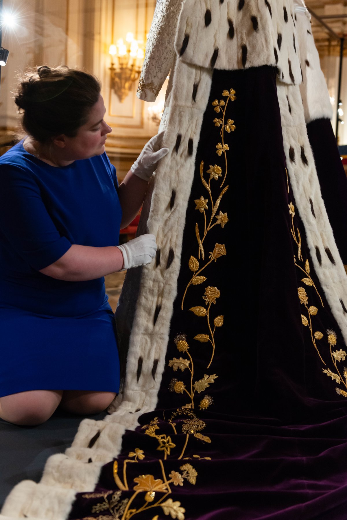 The coronation outfits worn by King Charles III and Queen Camilla are displayed to the public for the first time at Buckingham Palace, July 2023 (Royal Collection Trust)