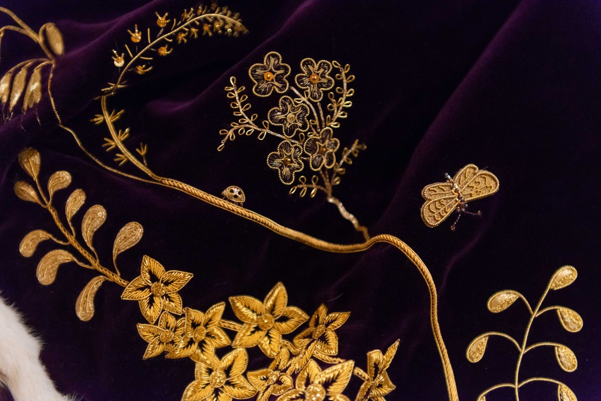 The coronation outfits worn by King Charles III and Queen Camilla are displayed to the public for the first time at Buckingham Palace, July 2023 (Royal Collection Trust)