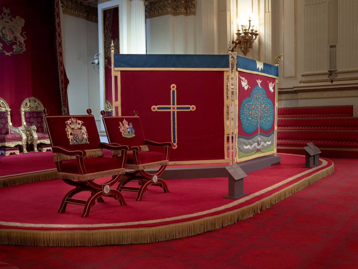 The coronation chairs and anointing screen used by King Charles III and Queen Camilla are displayed to the public for the first time at Buckingham Palace, July 2023 (Royal Collection Trust)
