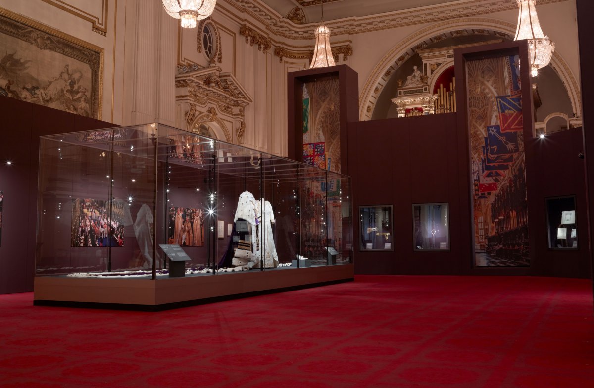 The coronation outfits worn by King Charles III and Queen Camilla are displayed to the public for the first time at Buckingham Palace, July 2023 (Royal Collection Trust)