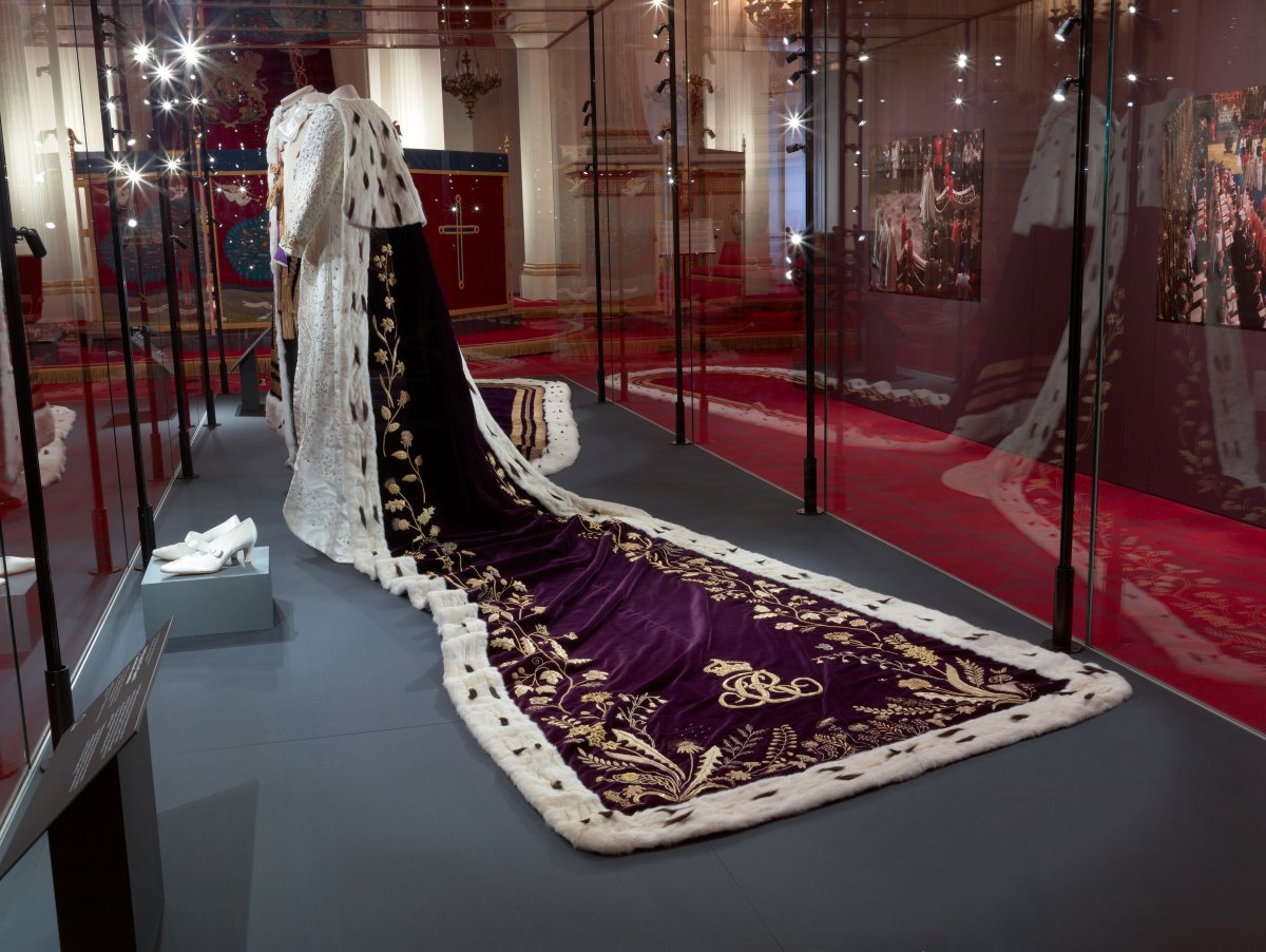 The coronation outfits worn by King Charles III and Queen Camilla are displayed to the public for the first time at Buckingham Palace, July 2023 (Royal Collection Trust)