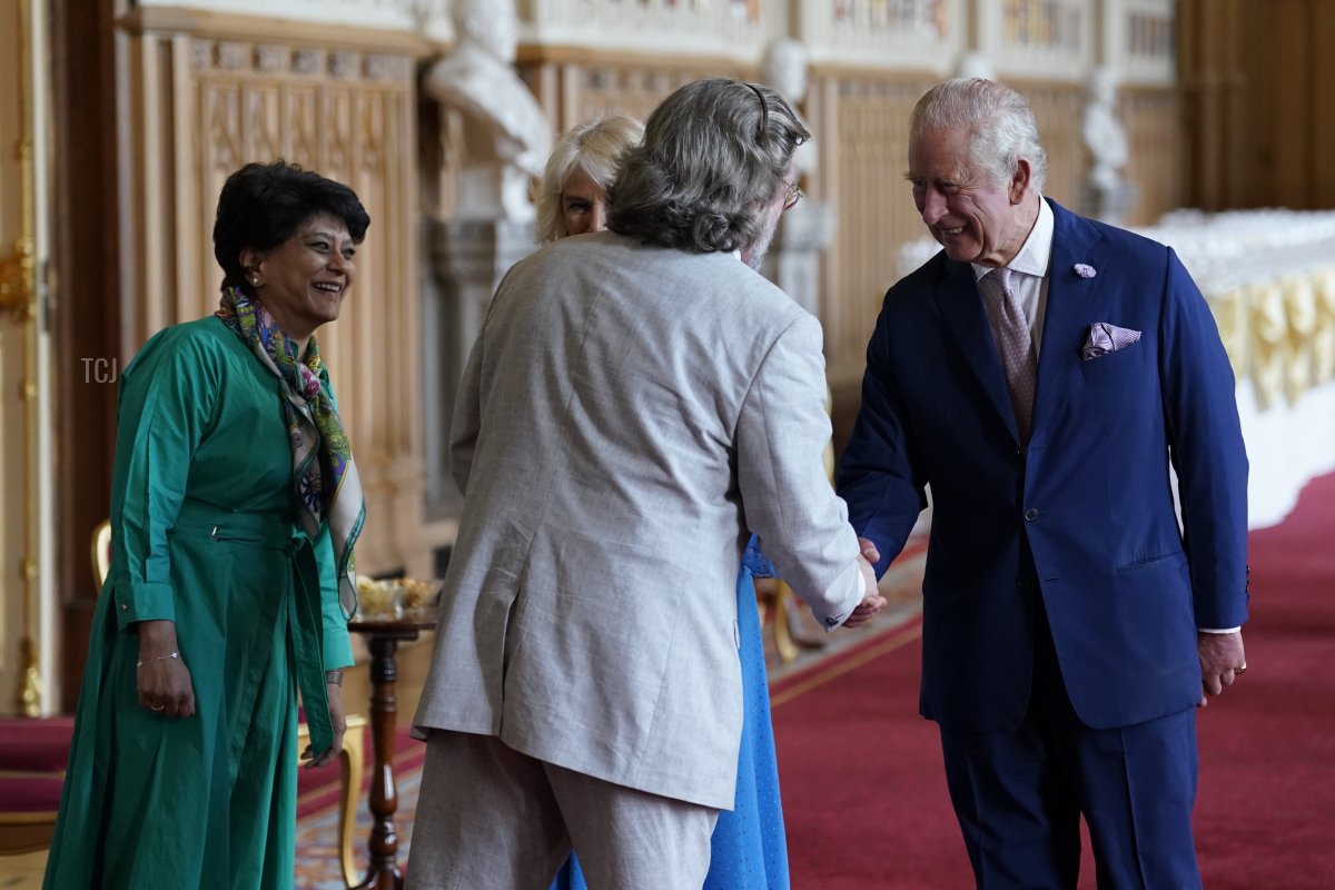 King Charles III and Queen Camilla greet Gregory Doran, Director of the Royal Shakespeare Company and Baroness Vadera, Chair of the Royal Shakespeare Company during a reception at Windsor Castle to celebrate the work of William Shakespeare, on the 400th anniversary of the publication of the First Folio on July 18, 2023 (Andrew Matthews - Pool/Getty Images)