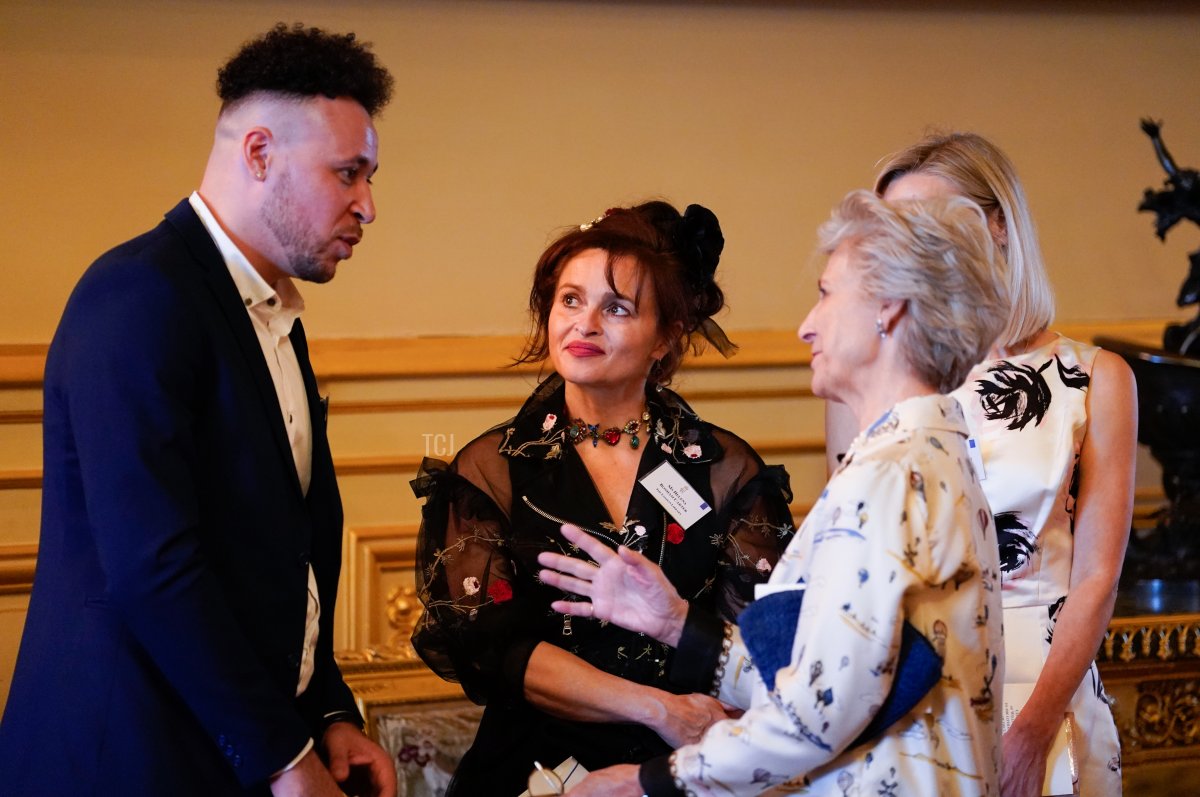 The Duchess of Gloucester speaks with Connor Allen and Helena Bonham Carter during a reception at Windsor Castle to celebrate the work of William Shakespeare, on the 400th anniversary of the publication of the First Folio on July 18, 2023 (Andrew Matthews - Pool/Getty Images)