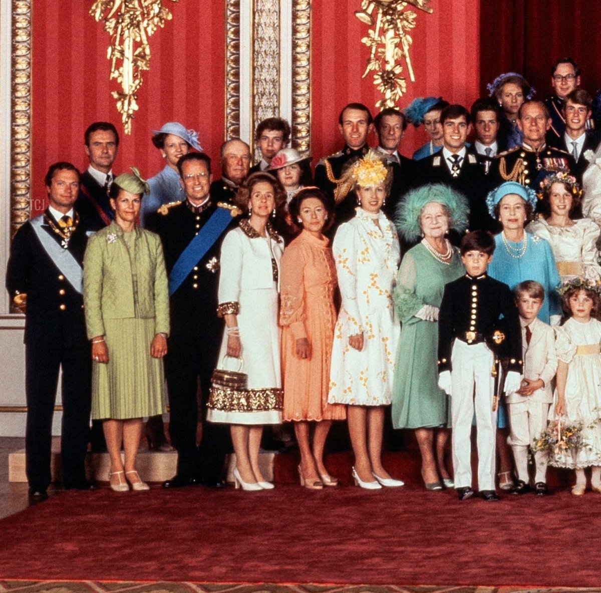 Royals and family members pose for an official photograph at Buckingham Palace after the wedding of the Prince of Wales and Lady Diana Spencer, July 29, 1981 (AFP via Getty Images)
