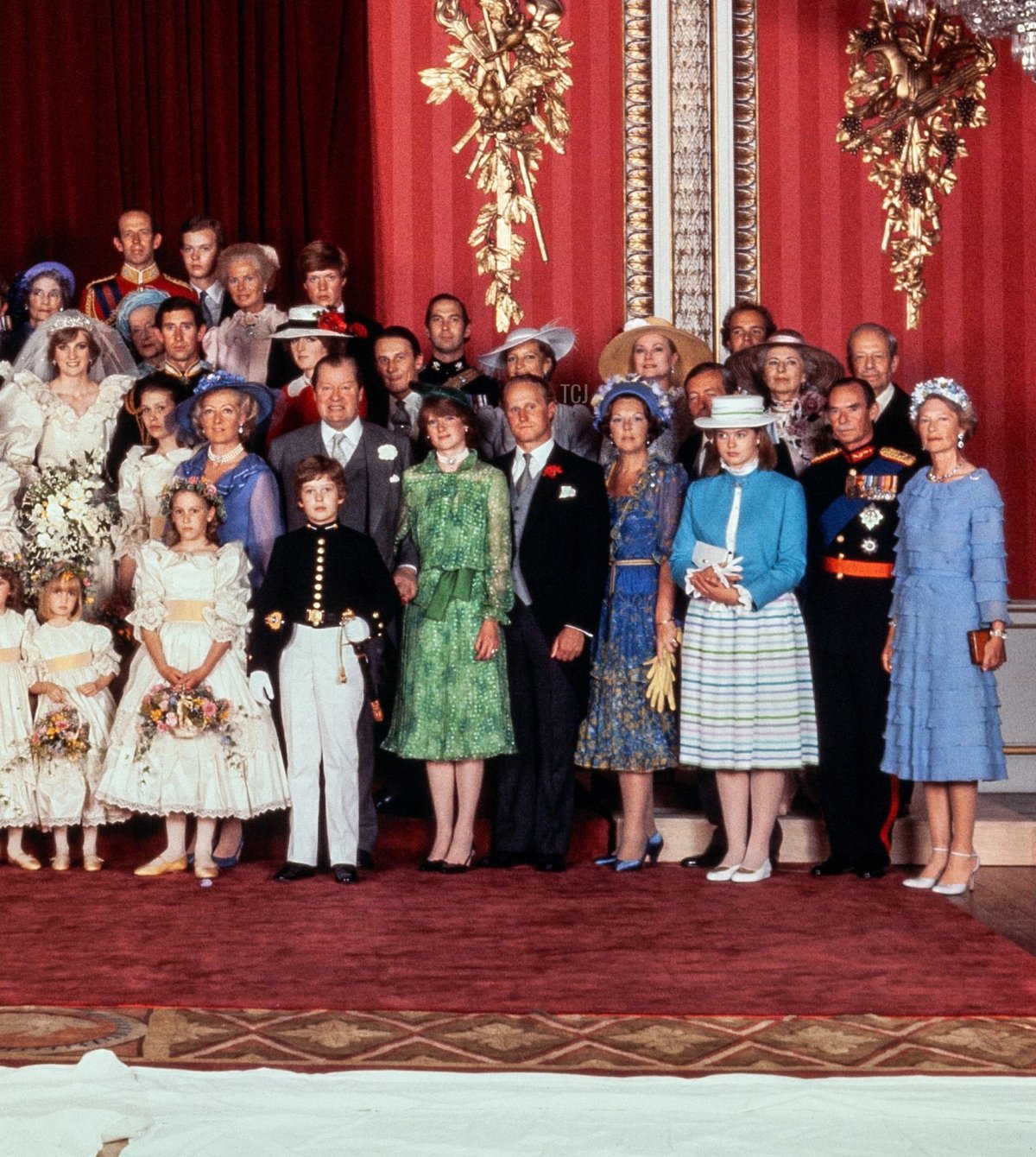 Royals and family members pose for an official photograph at Buckingham Palace after the wedding of the Prince of Wales and Lady Diana Spencer, July 29, 1981 (AFP via Getty Images)