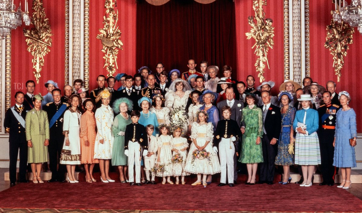 Royals and family members pose for an official photograph at Buckingham Palace after the wedding of the Prince of Wales and Lady Diana Spencer, July 29, 1981 (AFP via Getty Images)