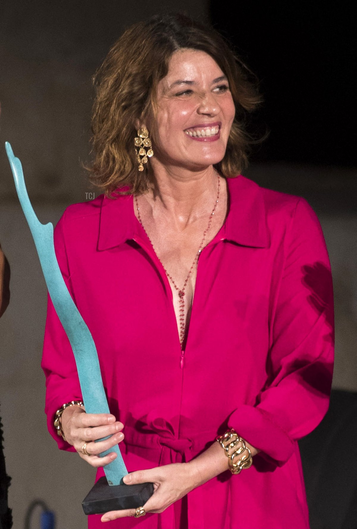 Actress Irene Jacob receives the Master of Cinema Award at the closing ceremony of the 13th annual Atlantida Mallorca Film Fest in Palma de Mallorca on July 30, 2023 (JAIME REINA/AFP via Getty Images)