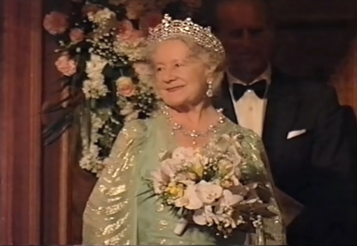 The Queen Mother attends a 90th birthday gala in her honor at the London Palladium, July 19, 1990 (screencapture)