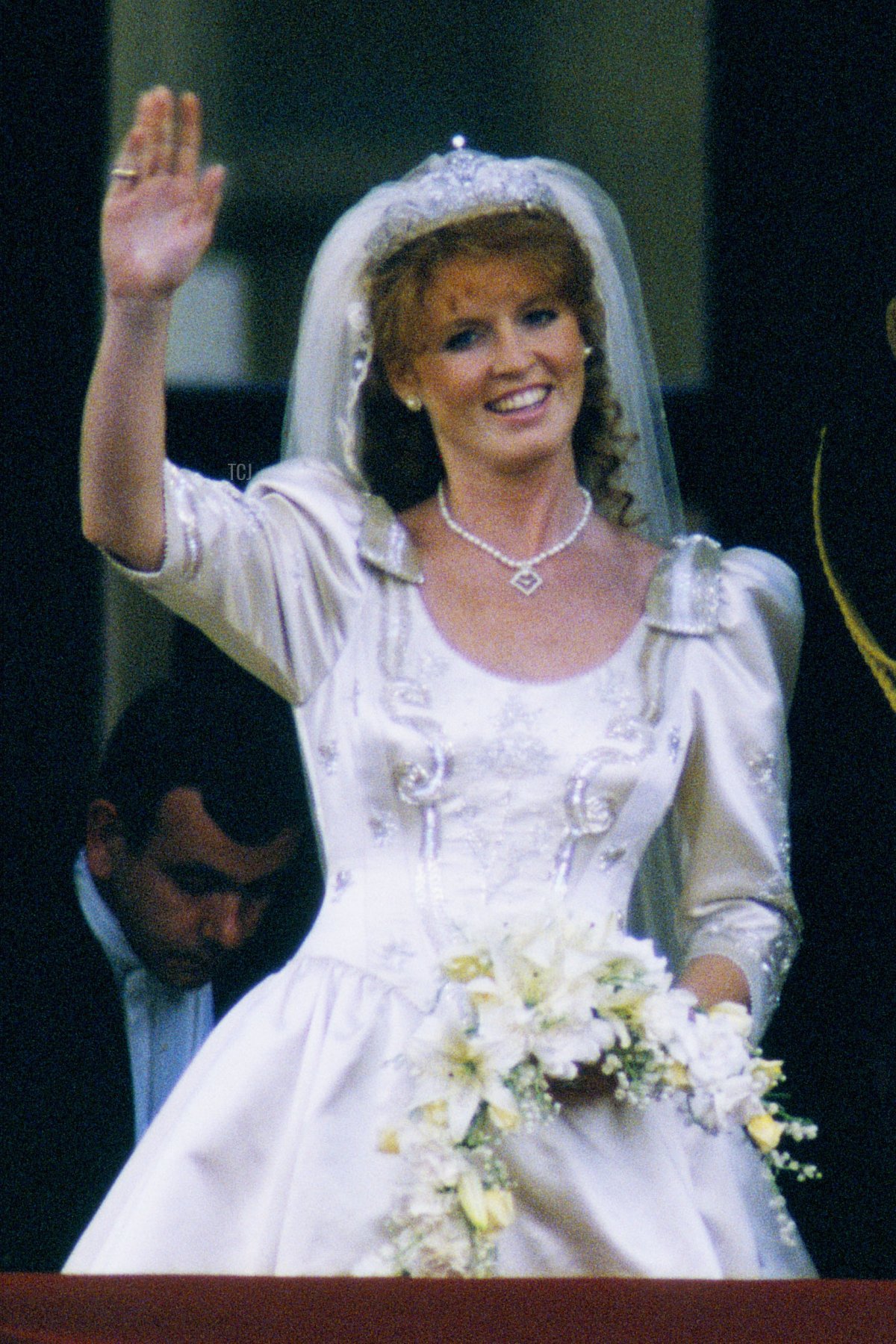 Sarah Ferguson is pictured on the balcony of Buckingham Palace following her wedding to the Duke of York, July 23, 1986 (Peter Jordan/Alamy)