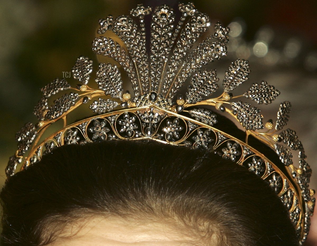 The Napoleonic Cut-Steel Tiara is pictured on Crown Princess Victoria of Sweden at the Nobel Prize banquet in Stockholm on December 10, 2004 (Pascal Le Segretain/Getty Images)