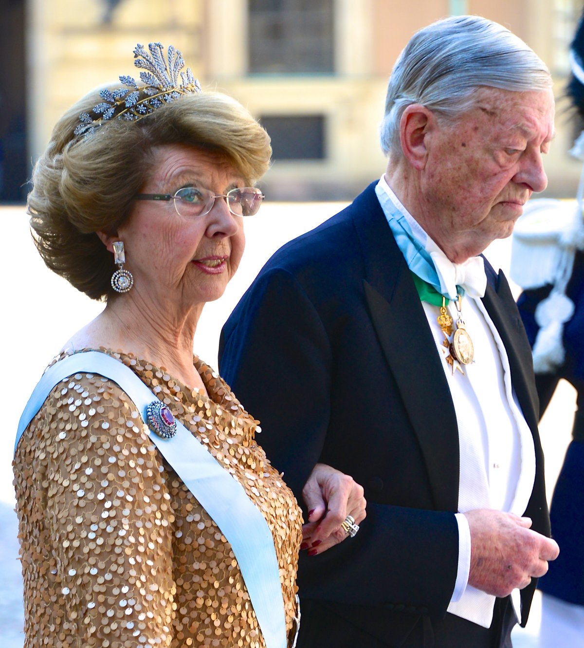 Princess Desiree and Baron Niclas Silfverschiöld attend the wedding of Princess Madeleine of Sweden and Christopher O'Neill in Stockholm on June 8, 2013 (Frankie Fouganthin/Wikimedia Commons)