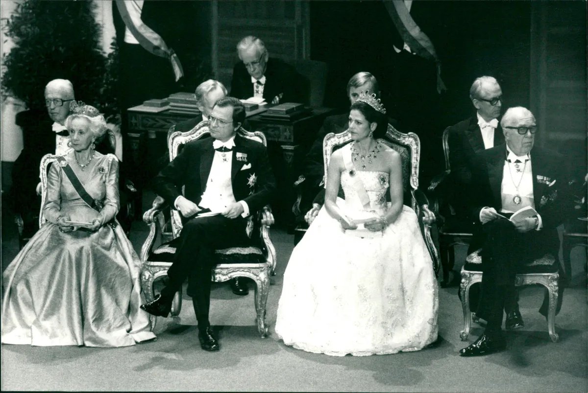 Princess Lilian, King Carl XVI Gustaf, Queen Silvia, and Prince Bertil of Sweden attend the Nobel Prize ceremony in Stockholm on December 10, 1984 (Anders Holmstrom/Svenskt Pressfoto)