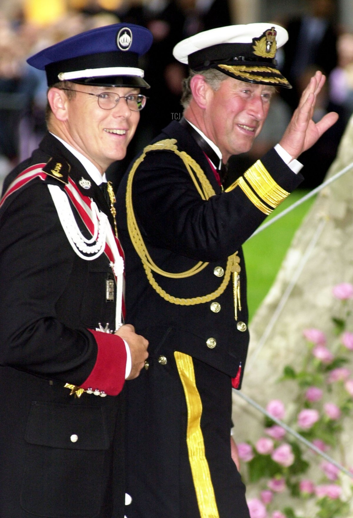 The Hereditary Prince of Monaco and the Prince of Wales attend the wedding of Crown Prince Haakon and Crown Princess Mette-Marit at Oslo Cathedral on August 25, 2001 (Anthony Harvey/Getty Images)