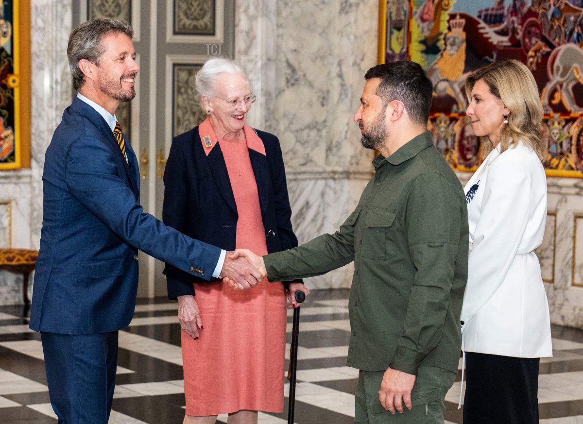 The Queen and the Crown Prince of Denmark greet the President and the First Lady of Ukraine in the Hall of Knights at Christiansborg Castle in Copenhagen, Denmark on August 21, 2023 (MARTIN SYLVEST/Ritzau Scanpix/AFP via Getty Images)