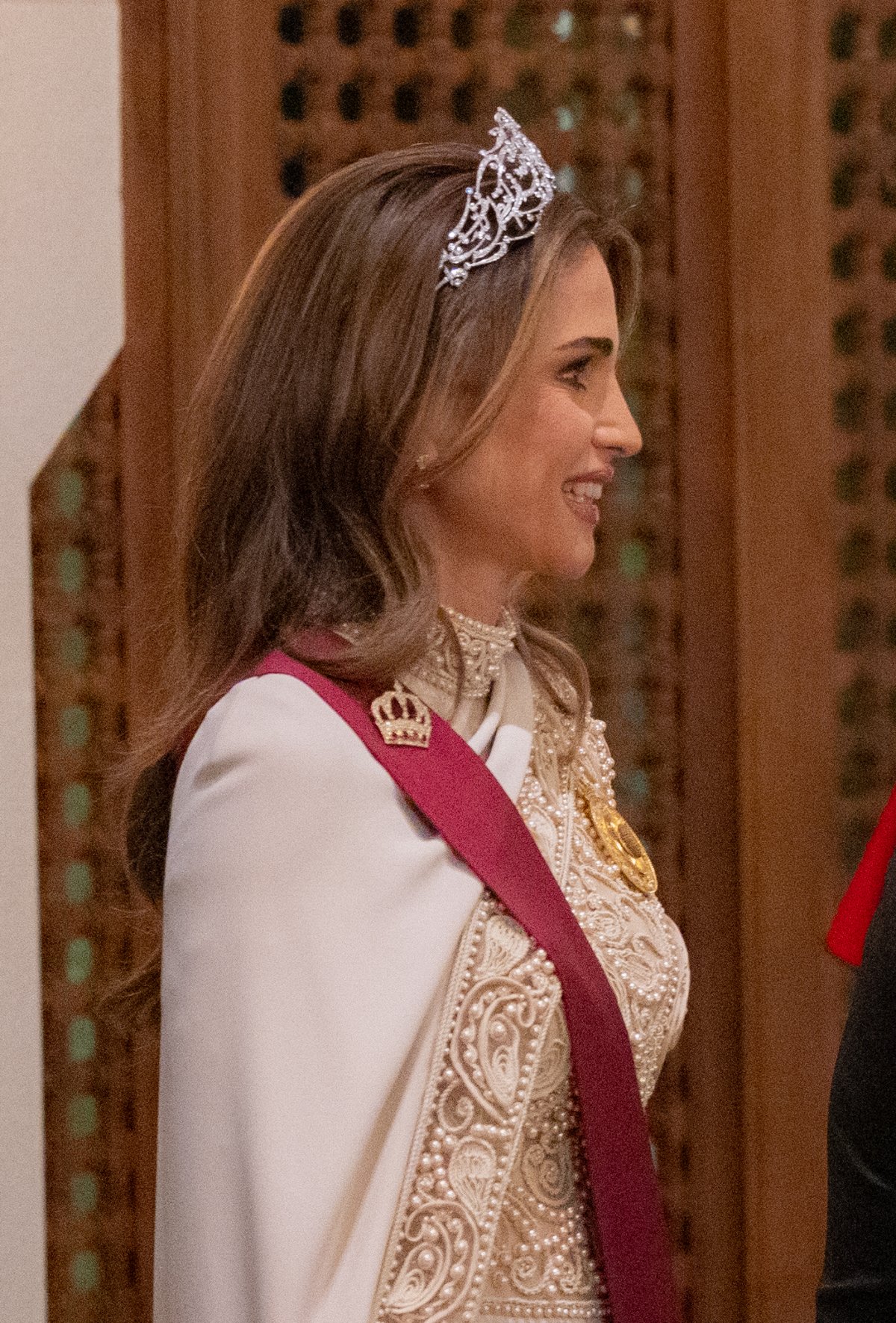 Queen Rania of Jordan attends a banquet celebrating the wedding of Crown Prince Hussein and Princess Rajwa of Jordan in Amman on June 1, 2023 (Royal Hashemite Court)