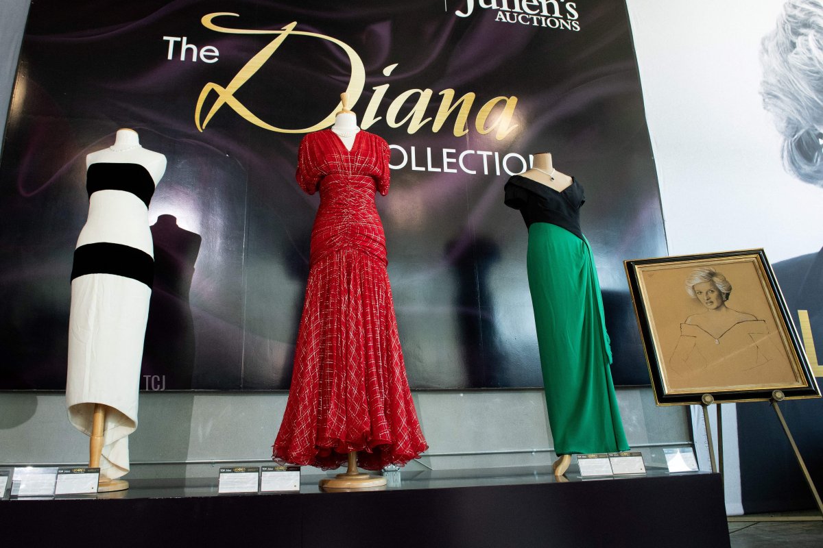 Dresses from the collection of Diana, Princess of Wales are displayed in Beverly Hills ahead of their sale by Julien's Auctions, August 28, 2023 (VALERIE MACON/AFP via Getty Images)