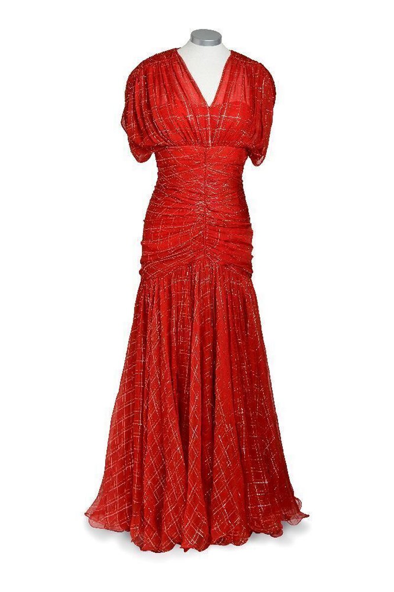 A Bruce Oldfield gown from the collection of Diana, Princess of Wales is displayed ahead of its planned sale, scheduled for September 2023 (Julien's Auctions)