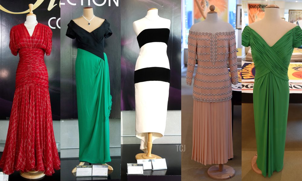 Dresses from the collection of Diana, Princess of Wales that were purchased by Ellen L. Petho in June 1997 (VALERIE MACON/AFP via Getty Images, TIMOTHY A. CLARY/AFP via Getty Images)