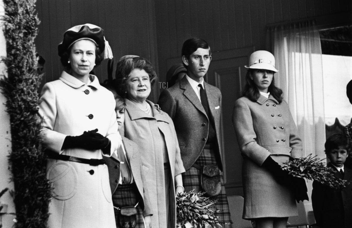 Queen Elizabeth II, Prince Andrew, the Queen Mother, the Duke of Rothesay, and Princess Anne attend the Braemar Gathering in Braemar, Scotland, on September 8, 1968 (Mike McLaren/Central Press/Getty Images)