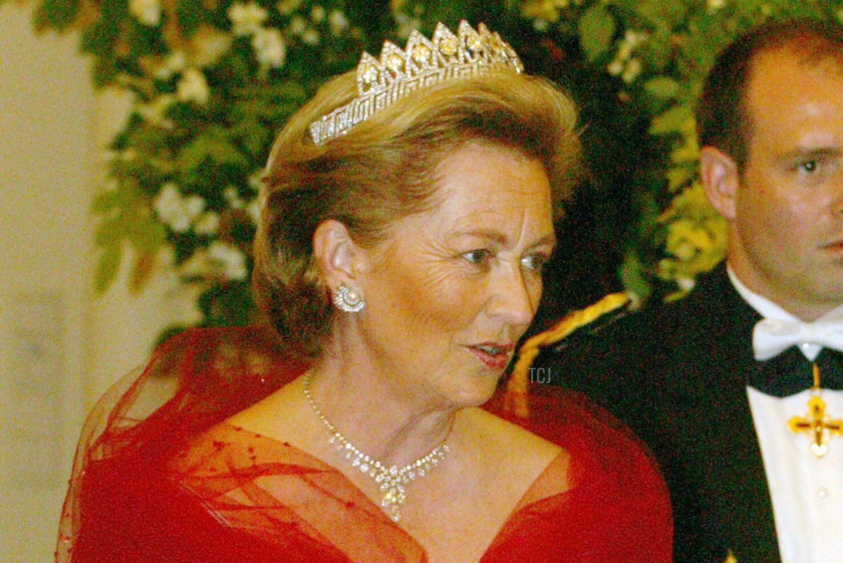 Queen Paola attends a state banquet in Brussels in honor of King Harald V and Queen Sonja of Norway on May 20, 2003 (Mark Renders/Getty Images)