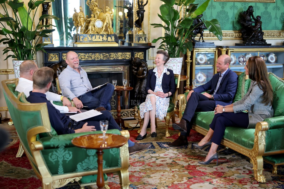 The Princess Royal and the Prince and Princess of Wales participate in the recording of a special episode of The Good, The Bad and The Rugby podcast in the Green Drawing Room at Windsor Castle on September 6, 2023 (Chris Jackson/Getty Images for Kensington Palace)