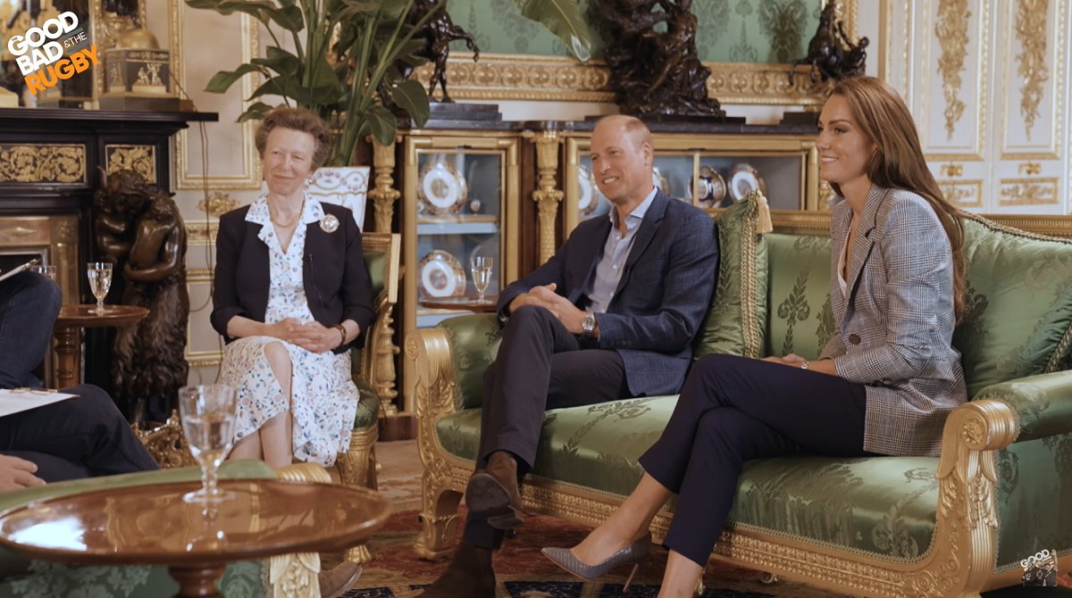 The Princess Royal and the Prince and Princess of Wales listen during the recording of a special episode of The Good, The Bad and The Rugby podcast in the Green Drawing Room at Windsor Castle on September 6, 2023 (The Good, The Bad and The Rugby/YouTube)