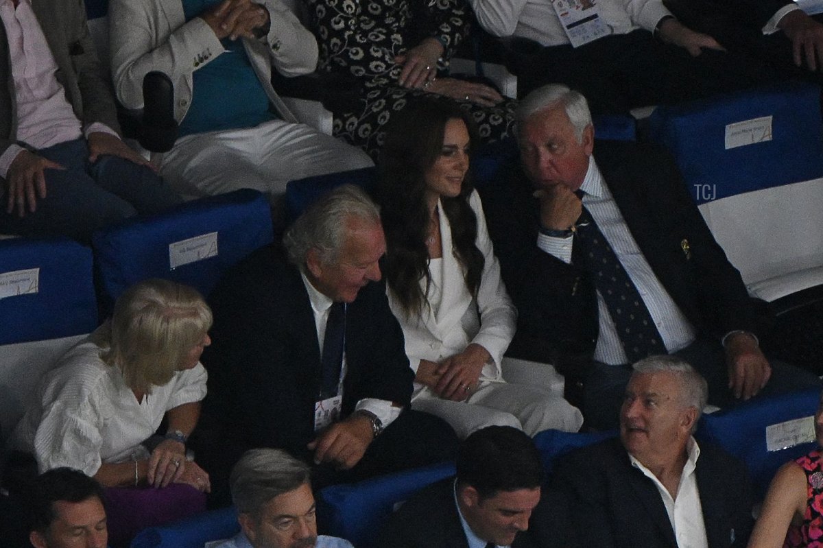 The Princess of Wales, with Sir Bill Beaumont, attends the Rugby World Cup match between England and Argentina at Stade Velodrome in Marseille, France on September 9, 2023 (NICOLAS TUCAT/AFP via Getty Images)