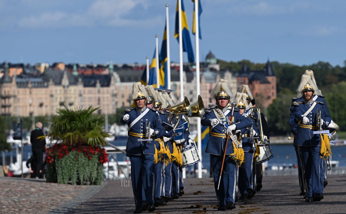 Royal guards parade during the Golden Jubilee celebrations for King Carl XVI Gustaf of Sweden in Stockholm on September 16, 2023 (JONATHAN NACKSTRAND/AFP via Getty Images)