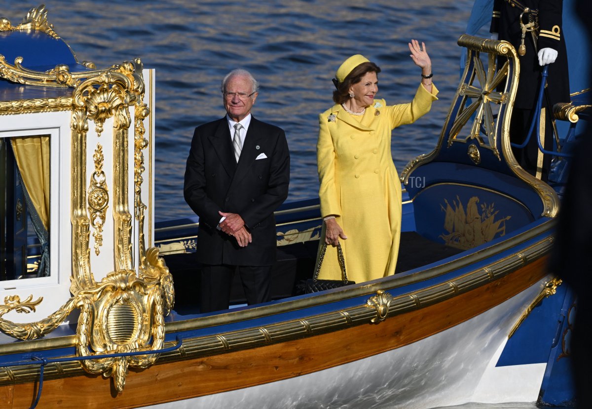King Carl XVI Gustaf and Queen Silvia of Sweden sail on the Vasaorden, Sweden's royal barge, during his Golden Jubilee celebrations in Stockholm on September 16, 2023 (JONATHAN NACKSTRAND/AFP via Getty Images)