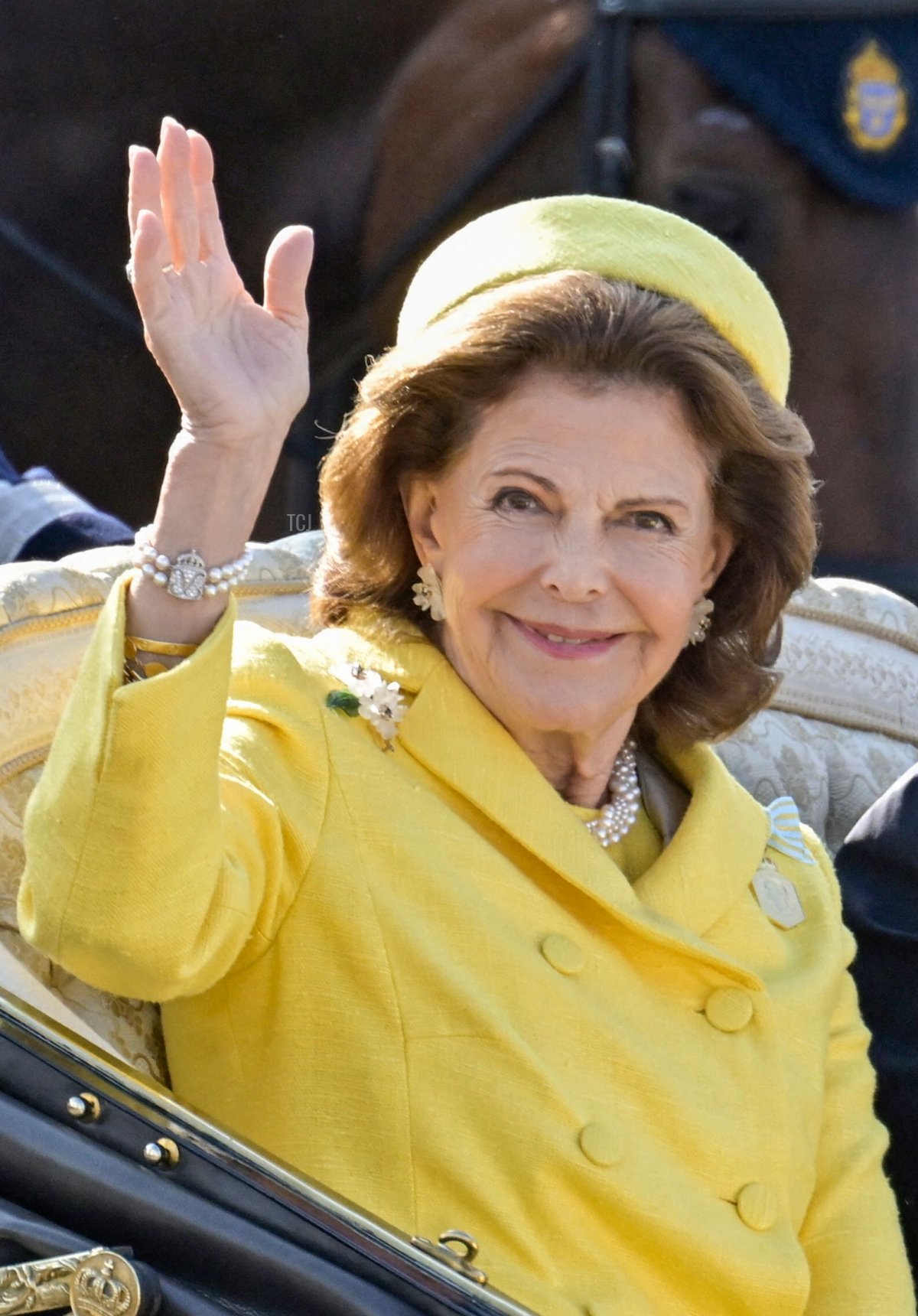 King Carl XVI Gustaf and Queen Silvia of Sweden ride through Stockholm in an open carriage during the Golden Jubilee procession on September 16, 2023 (JANERIK HENRIKSSON/TT NEWS AGENCY/AFP via Getty Images)