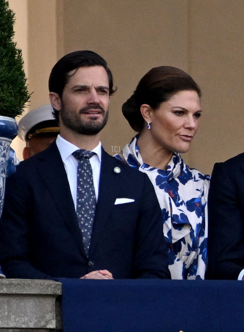 Prince Carl Philip and Crown Princess Victoria of Sweden are pictured at the Royal Palace during the Golden Jubilee celebrations for King Carl XVI Gustaf of Sweden in Stockholm on September 16, 2023 (JONATHAN NACKSTRAND/AFP via Getty Images)