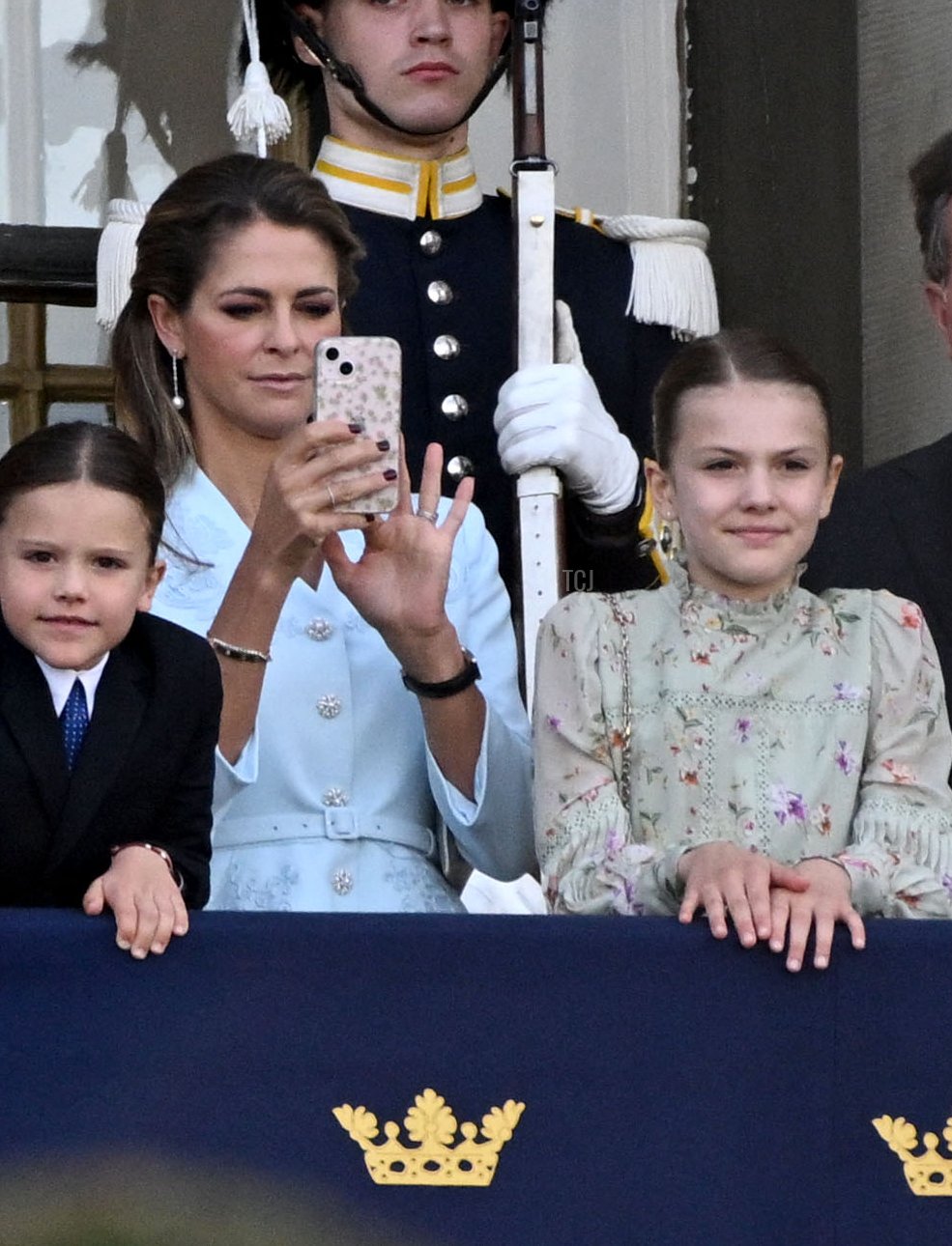 Prince Alexander, Princess Madeleine, and Princess Estelle of Sweden are pictured at the Royal Palace during the Golden Jubilee celebrations for King Carl XVI Gustaf of Sweden in Stockholm on September 16, 2023 (JONATHAN NACKSTRAND/AFP via Getty Images)