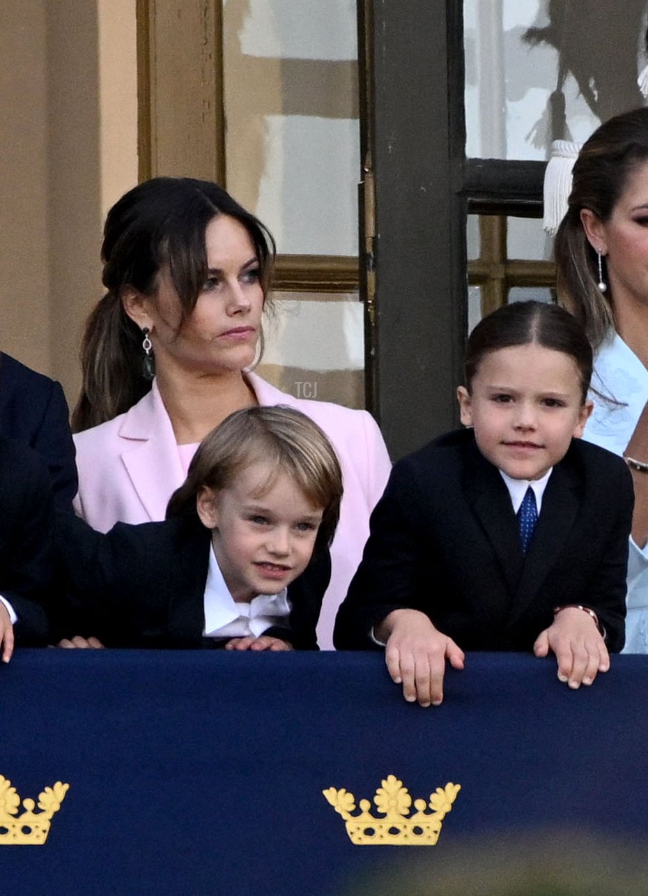 Princess Sofia, Prince Gabriel, and Prince Alexander of Sweden are pictured at the Royal Palace during the Golden Jubilee celebrations for King Carl XVI Gustaf of Sweden in Stockholm on September 16, 2023 (JONATHAN NACKSTRAND/AFP via Getty Images)