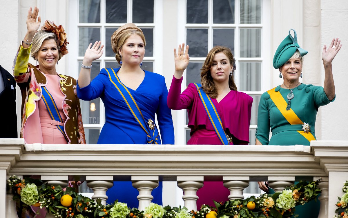 Queen Maxima, Princess Amalia, Princess Alexia, and Princess Laurentien of the Netherlands wave from the balcony of Noordeinde Palace on Prinsjesdag in The Hague on September 19, 2023 (KOEN VAN WEEL/ANP/AFP via Getty Images)