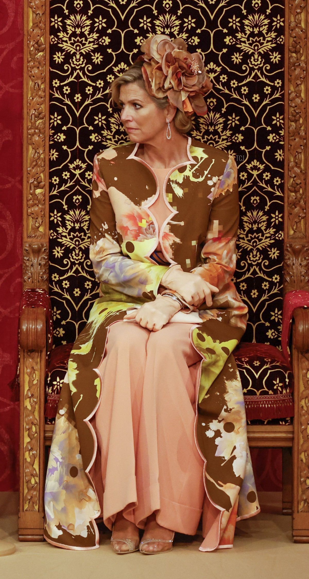 Queen Maxima listens as King Willem-Alexander reads his speech from the throne on Prinsjesdag in the Royal Theater in The Hague, on September 19, 2023 (ROBIN VAN LONKHUIJSEN/ANP/AFP via Getty Images)