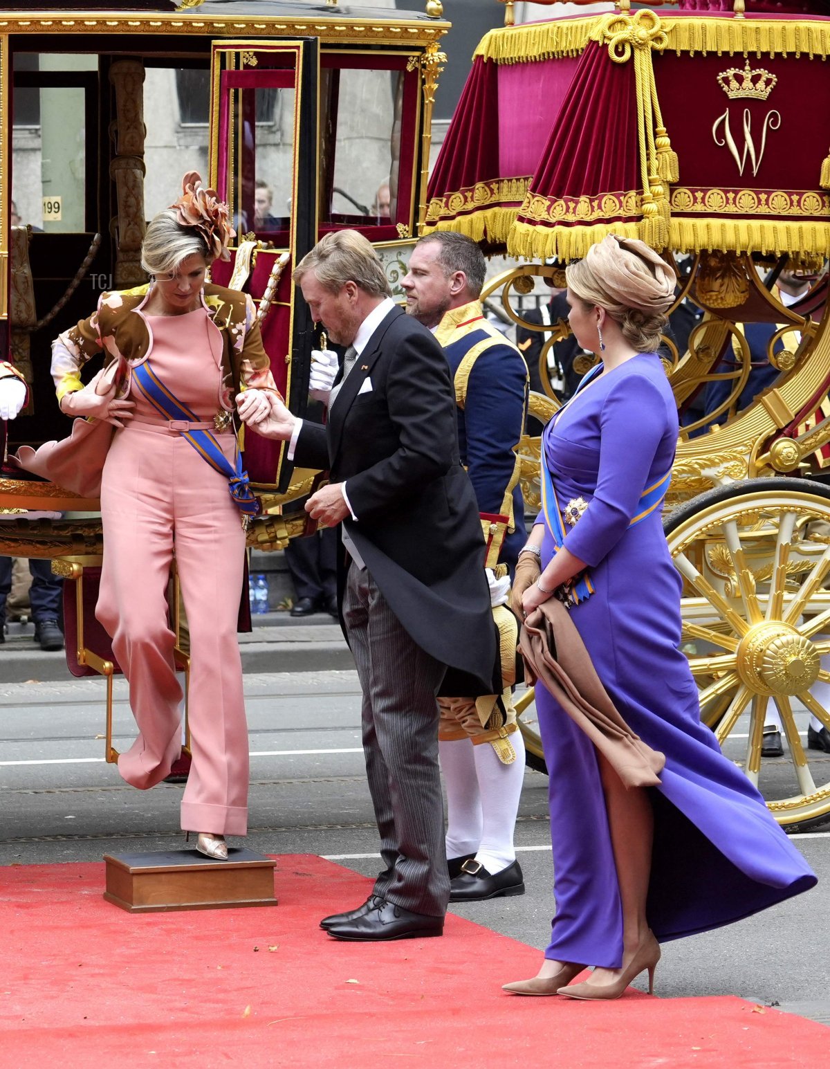 King Willem-Alexander and Queen Maxima of the Netherlands, with Princess Amalia, arrive at the Royal Theater for Prinsjesdag in The Hague, on September 19, 2023 (LEX VAN LIESHOUT/ANP/AFP via Getty Images)