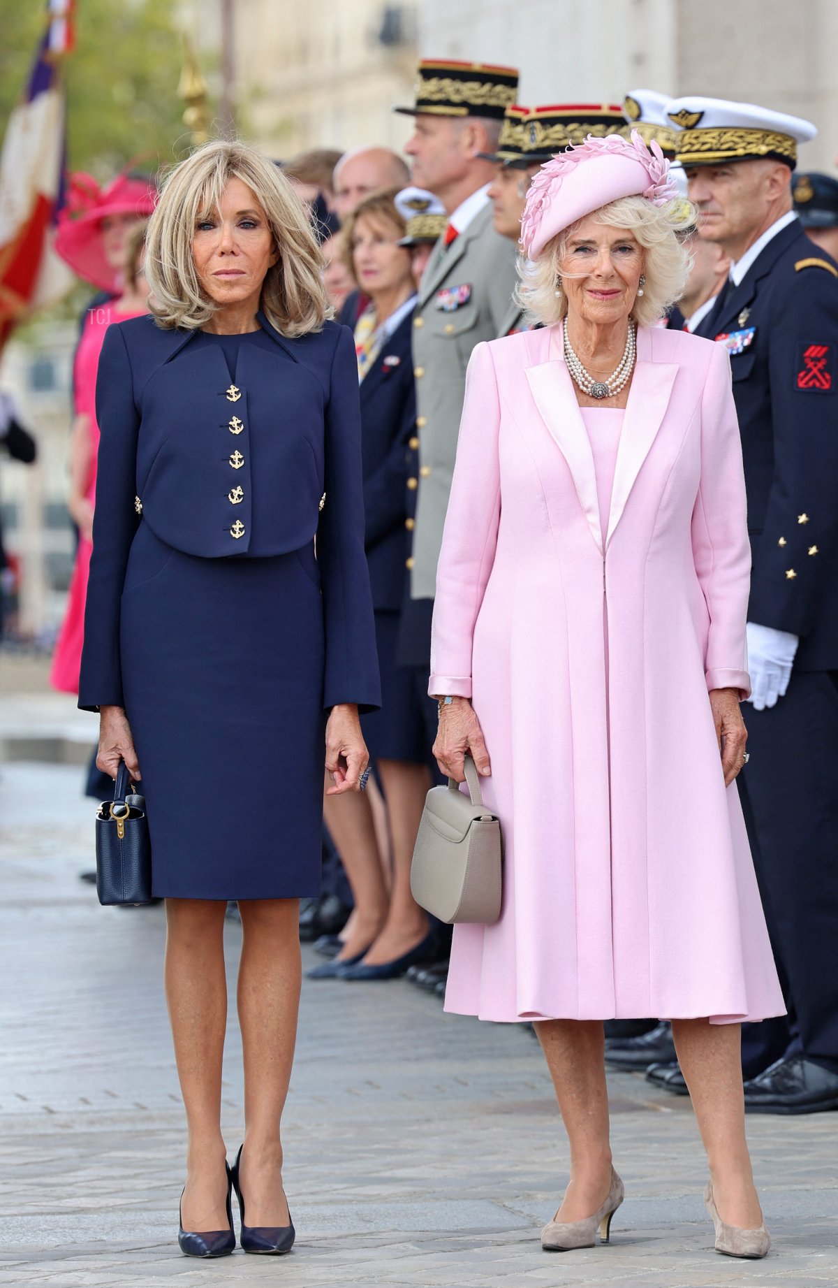 Brigitte Macron and Queen Camilla of the United Kingdom are pictured during an official welcome ceremony at the start of a state visit to France on September 20, 2023 (Chris Jackson - WPA Pool/Getty Images)
