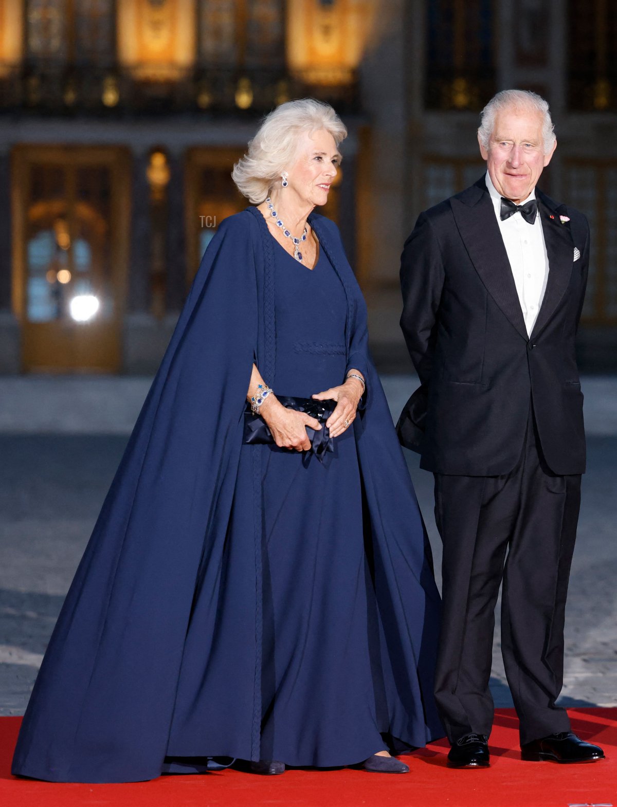 King Charles III and Queen Camilla arrive for a state dinner at the Palace of Versailles during the British state visit to France, September 20, 2023 (LUDOVIC MARIN/AFP via Getty Images)