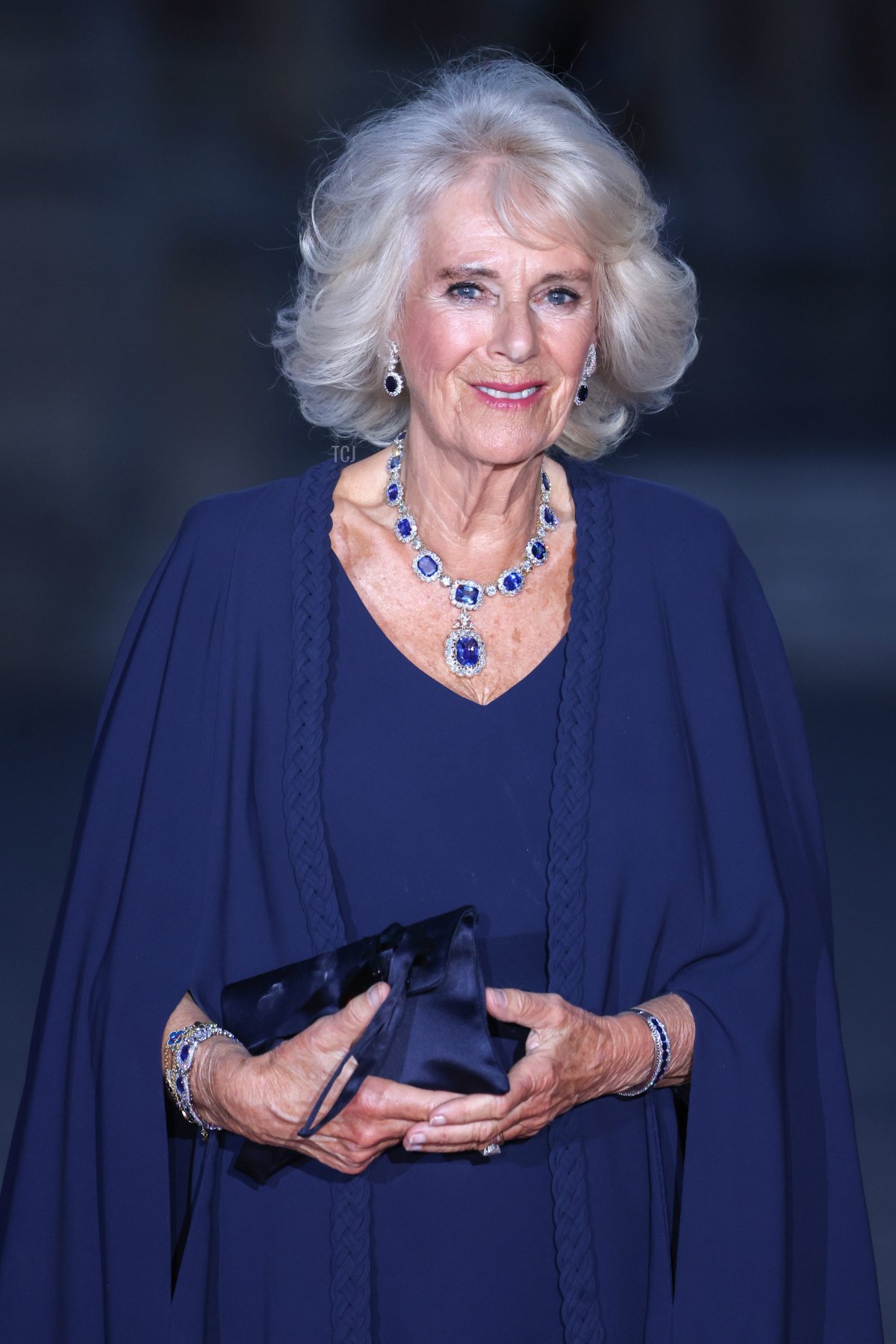 Queen Camilla arrives for a state dinner at the Palace of Versailles during the British state visit to France, September 20, 2023 (Chris Jackson/Getty Images)