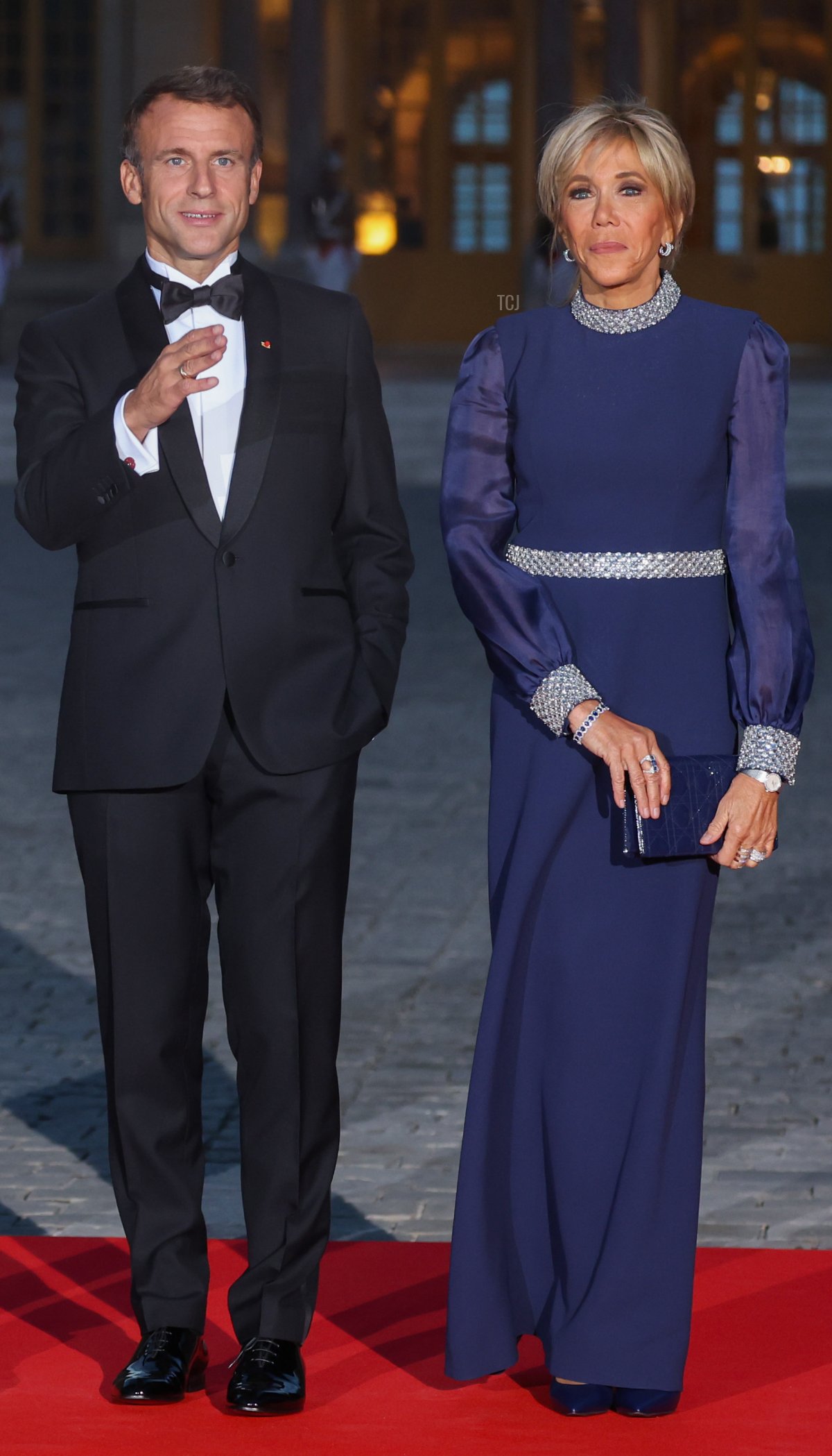 President Emmanuel Macron and his wife, Brigitte, arrive for a state dinner at the Palace of Versailles during the British state visit to France, September 20, 2023 (Chris Jackson/Getty Images)