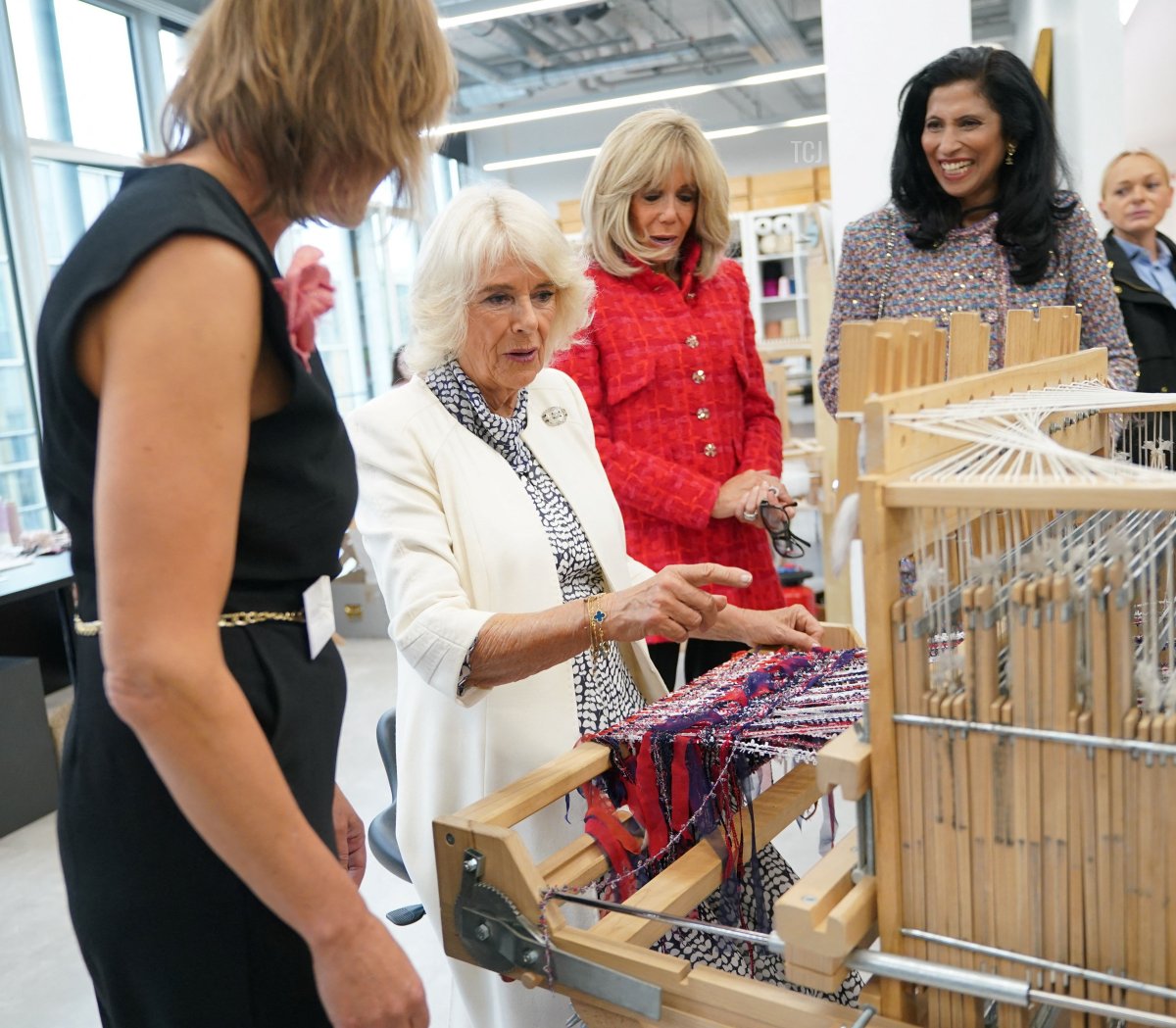 Queen Camilla of the United Kingdom and Brigitte Macron visit the 19M Campus in Paris during the British state visit to France, September 21, 2023 (YUI MOK/POOL/AFP via Getty Images)