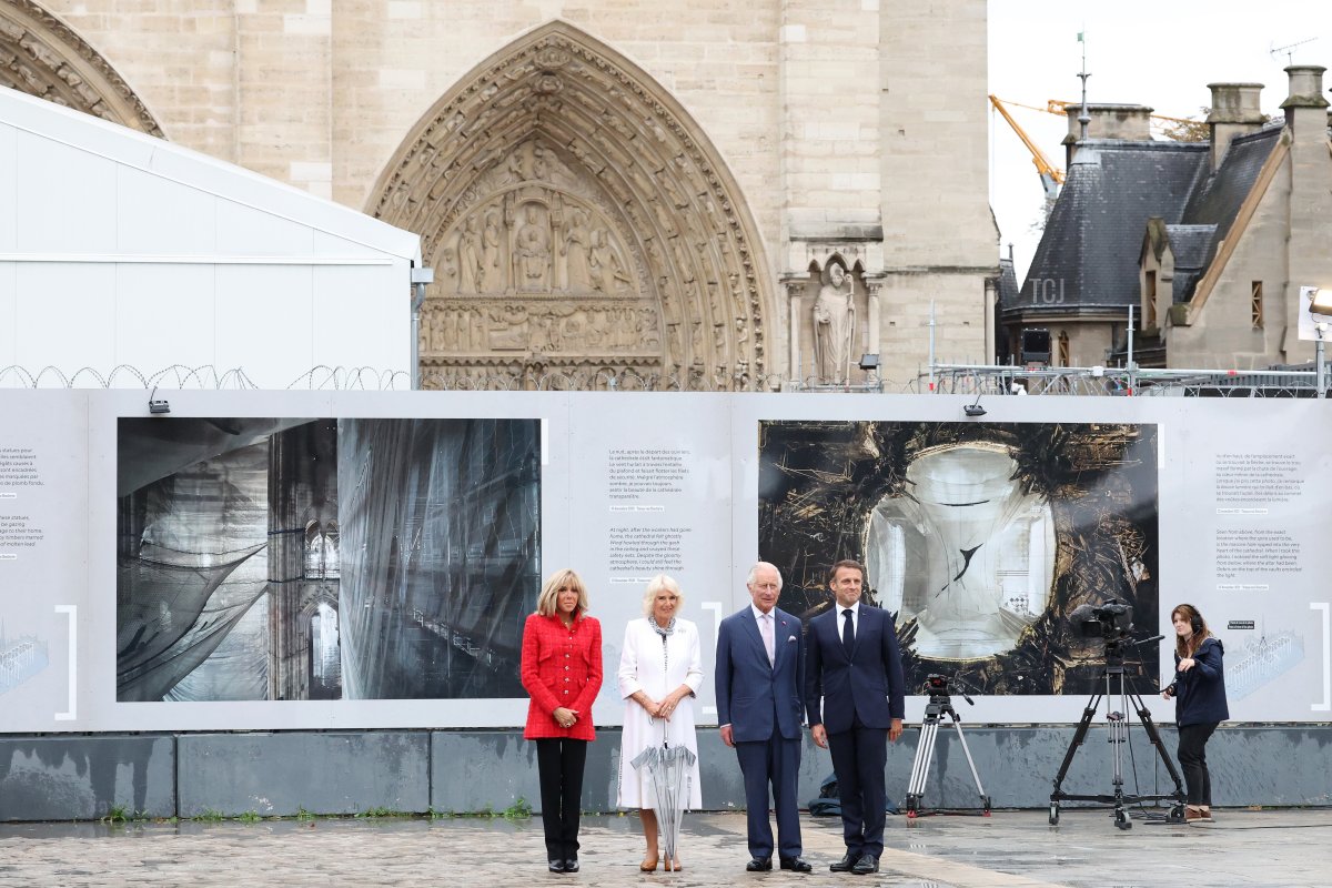 King Charles III and Queen Camilla of the United Kingdom, with President Emmanuel and Brigitte Macron, visit Notre Dame Cathedral in Paris during their state visit to France, September 21, 2023 (Pascal Le Segretain/Getty Images)