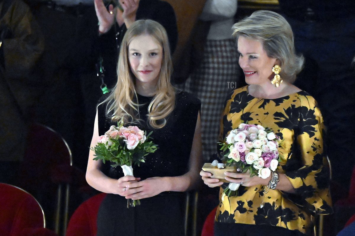 Queen Mathilde of the Belgians, with Princess Eleonore, attends a performance of Cassandra at the Royal Theatre of La Monnaie in Brussels on September 21, 2023 (ERIC LALMAND/BELGA MAG/AFP via Getty Images)