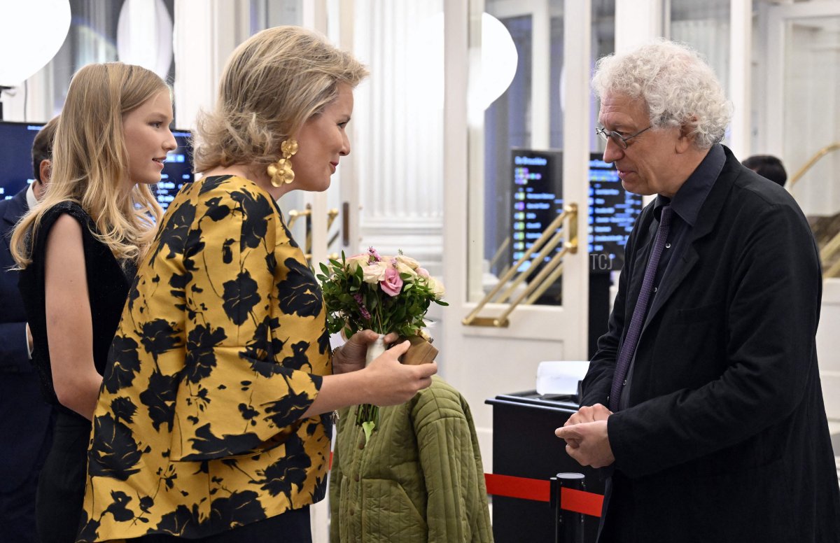 Queen Mathilde of the Belgians, with Princess Eleonore, attends a performance of Cassandra at the Royal Theatre of La Monnaie in Brussels on September 21, 2023 (ERIC LALMAND/BELGA MAG/AFP via Getty Images)