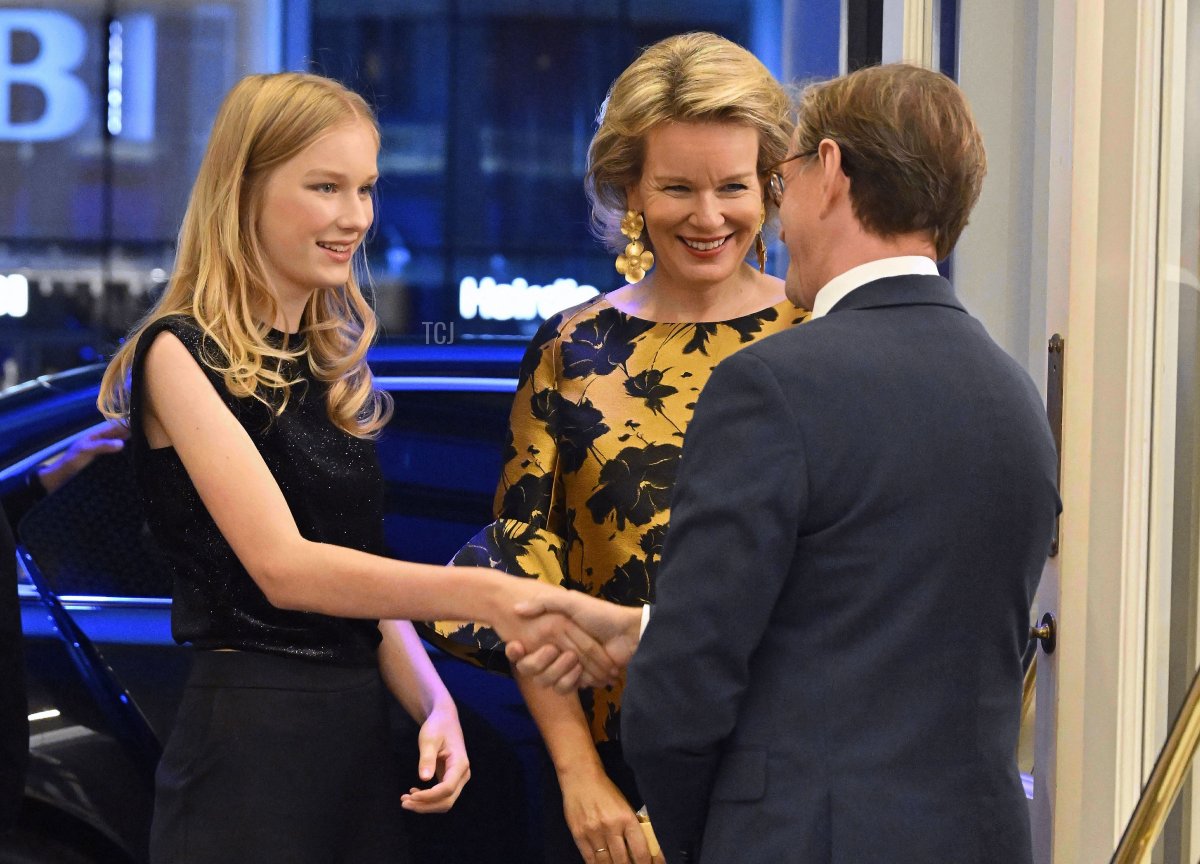 Queen Mathilde of the Belgians, with Princess Eleonore, attends a performance of Cassandra at the Royal Theatre of La Monnaie in Brussels on September 21, 2023 (ERIC LALMAND/BELGA MAG/AFP via Getty Images)
