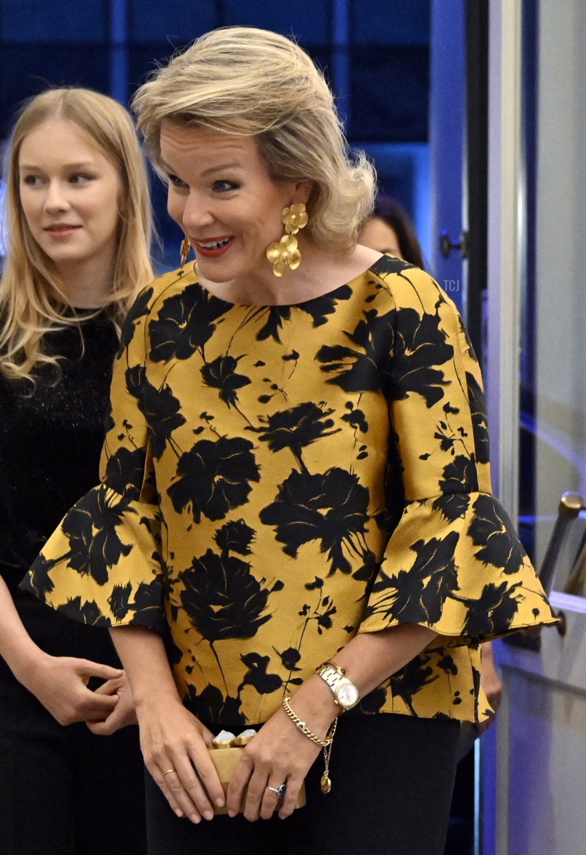 Queen Mathilde of the Belgians, with Princess Eleonore, attends a performance of Cassandra at the Royal Theatre of La Monnaie in Brussels on September 21, 2023 (ERIC LALMAND/BELGA MAG/AFP via Getty Images)