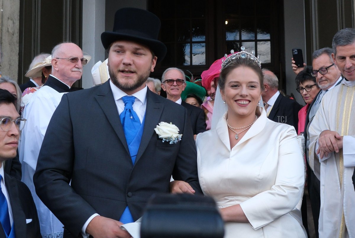 Béryl-Alexandre de Saporta and Maria Teresita of Saxony are pictured on their wedding day in Dresden, September 23, 2023 (Sebastian Willnow/DPA Picture Alliance/Alamy)